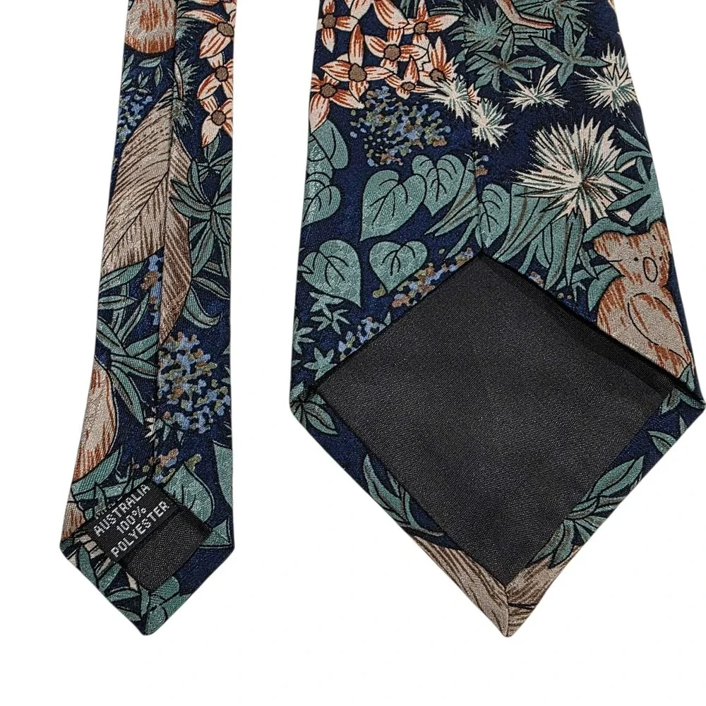 Australian Koala & Kangaroo Botanical Print Silk Necktie Blue‎ Green Handmade